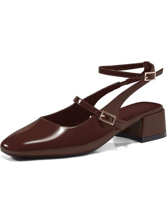 Shoes - Women's Coffee Mary Jane Chunky Low Heel Closed Square Toe Ankle Strap Pump Shoe